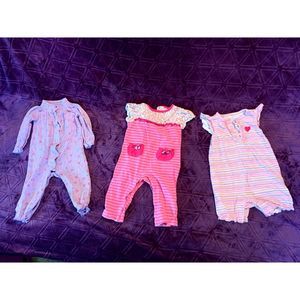 LOT of THREE 12 month girls 2 rompers 1 pajamas, one-piece buttons stripes birds